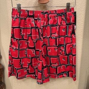 NWT~ETHIKA Red Black Off Set Scribble Design Basketball Shorts Size Medium